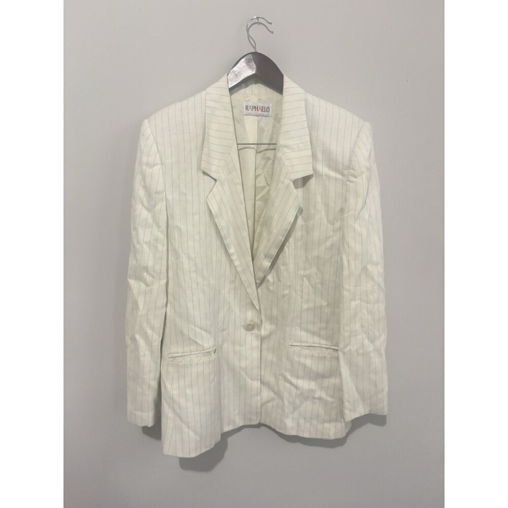 Raphaelo Striped Linen Blazer Size 10 White Blue Stripe
